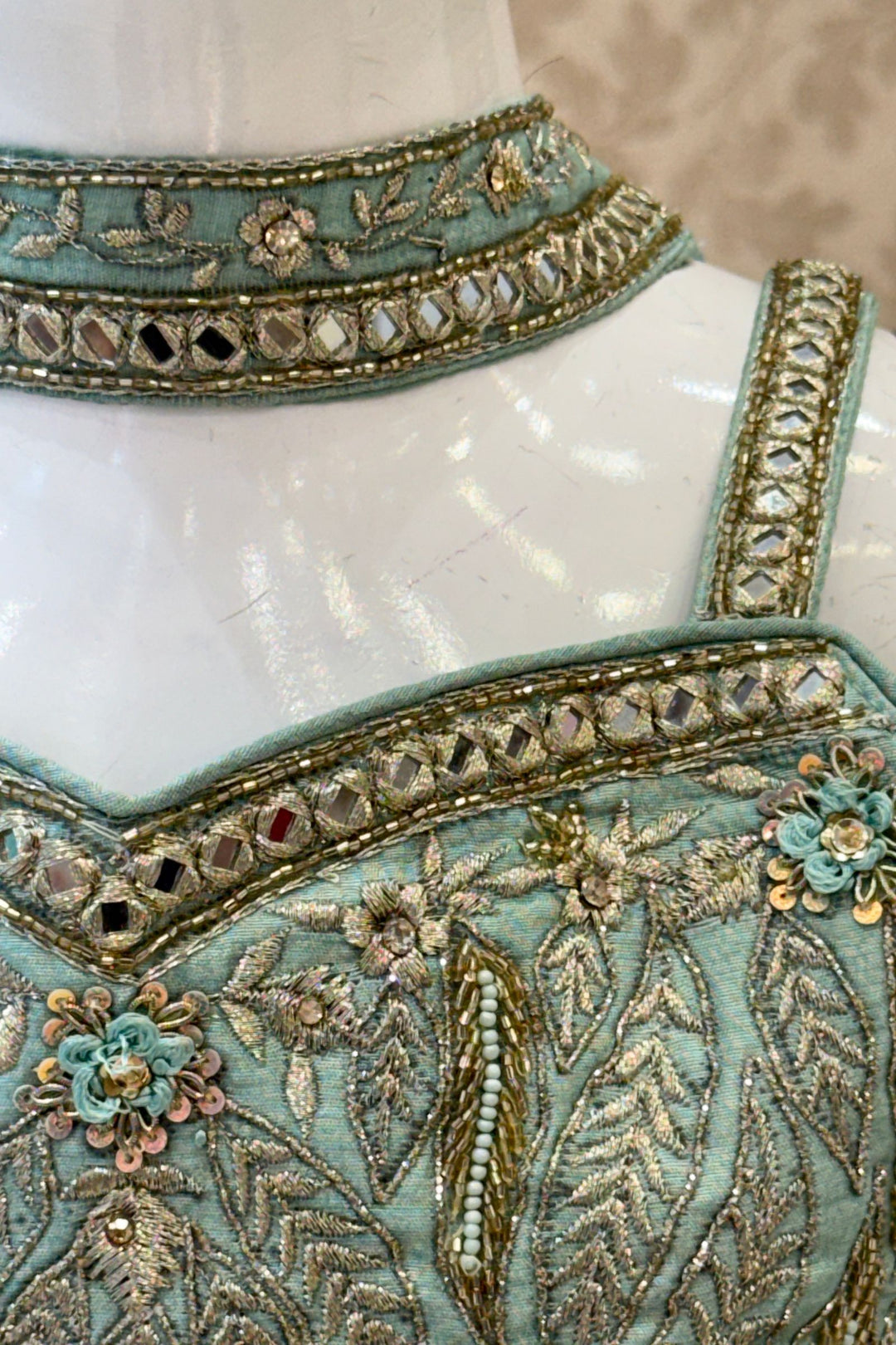 Sea Green Zari, Beads, Mirror and Zardozi work Palazzo Suit Set for Girls