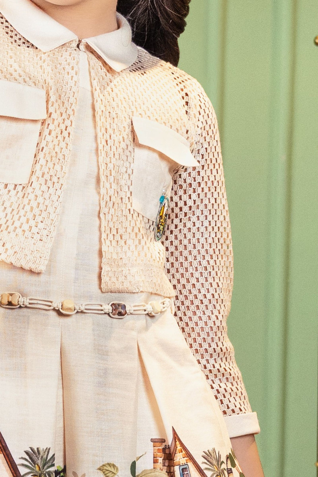 Cream with Digital Print Jacket Styled Short Casual Frock For Girls