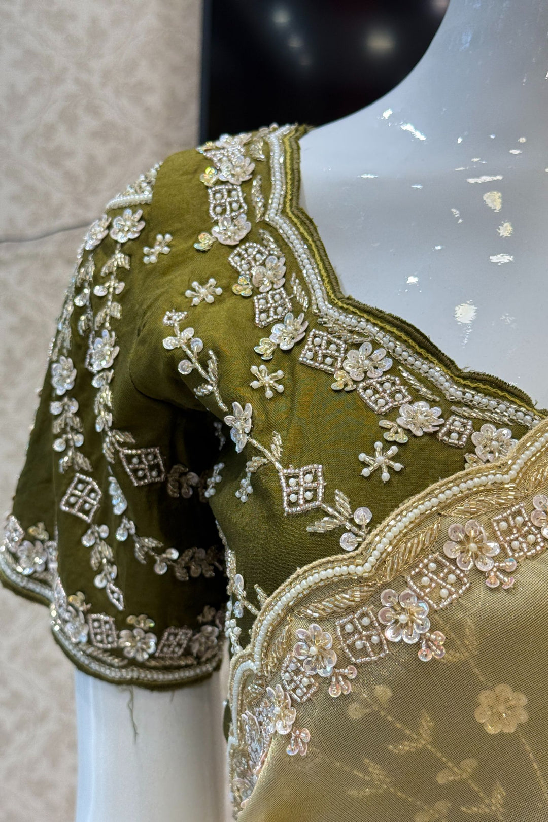 Gold Beads, Sequins, Zari and Pearls work Saree