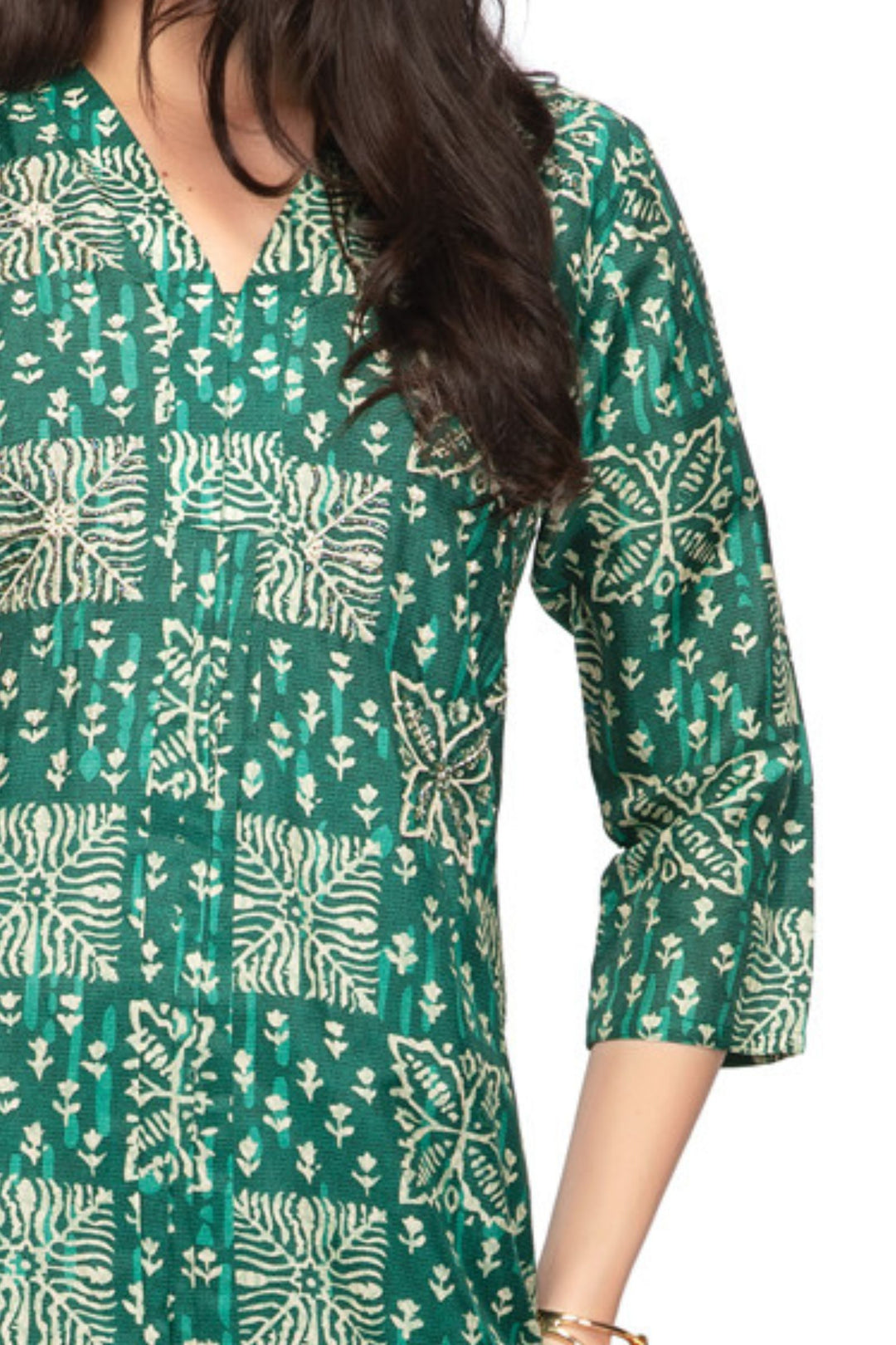 Green Beads and Sequins work with Digital Print Calf Length Kurti