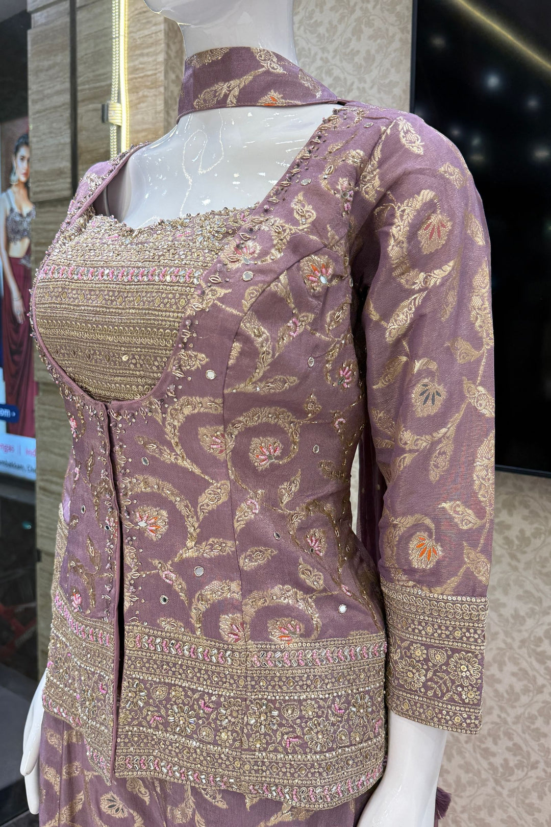 Lavender Palazzo Set with Beads, Sequins and Zari work with Choker Dupatta