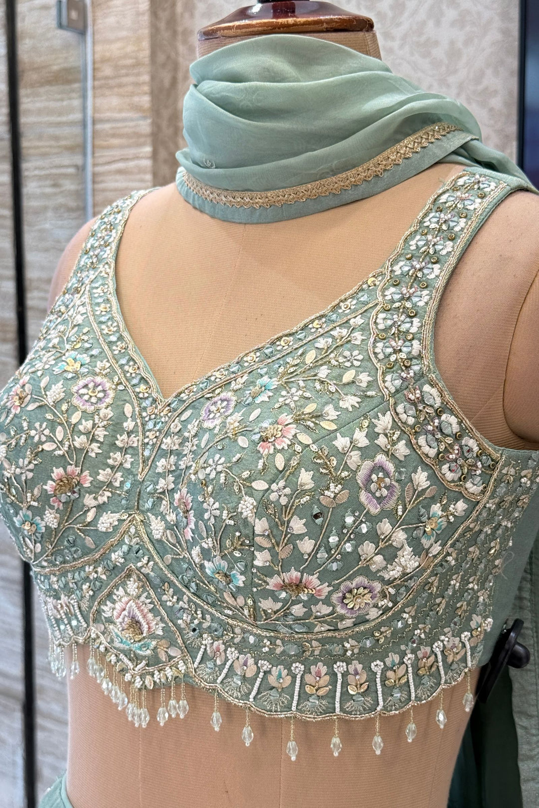 Sea Green Mirror, Stone, Zardozi, Beads and Embroidery work Lehenga