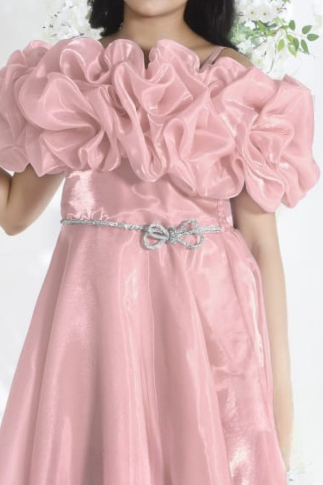 Peach Stone work Long Party Frock for Girls
