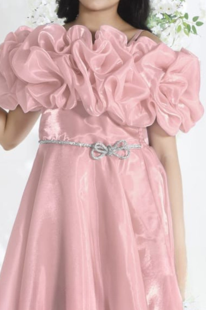 Peach Stone work Long Party Frock for Girls