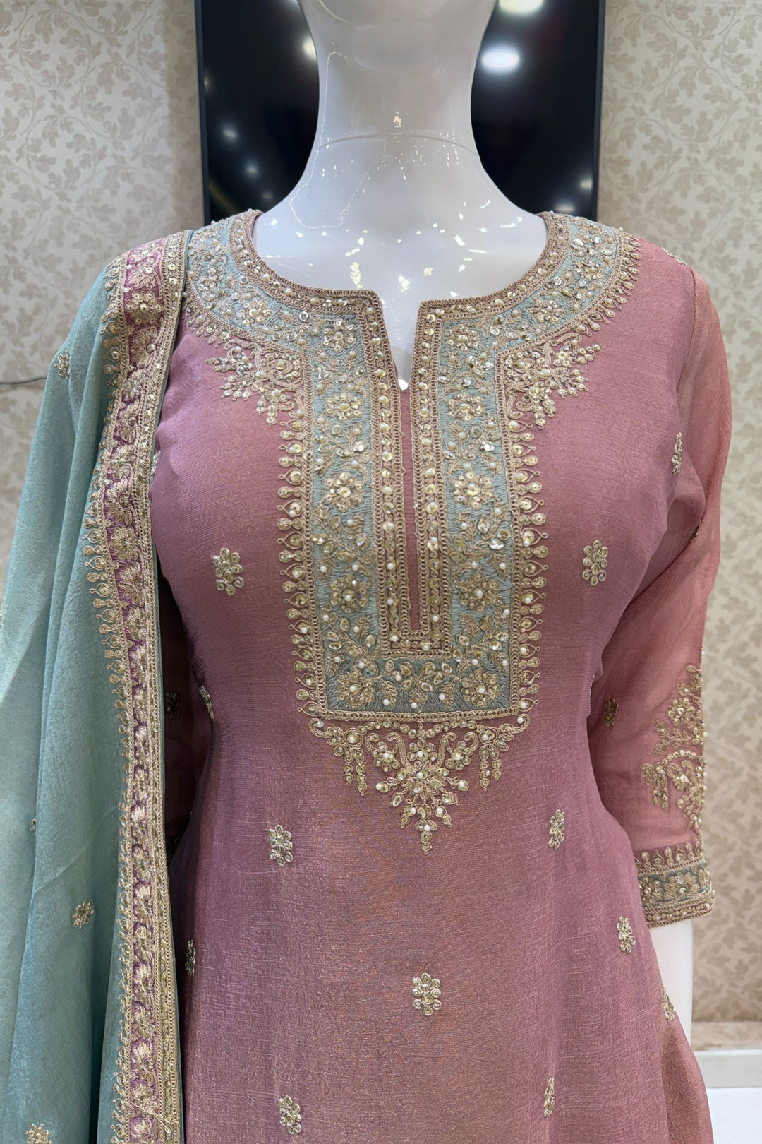 Onion Pink with Sea Green Sequins, Pearls, Stone and Zari work Palazzo Salwar Suit