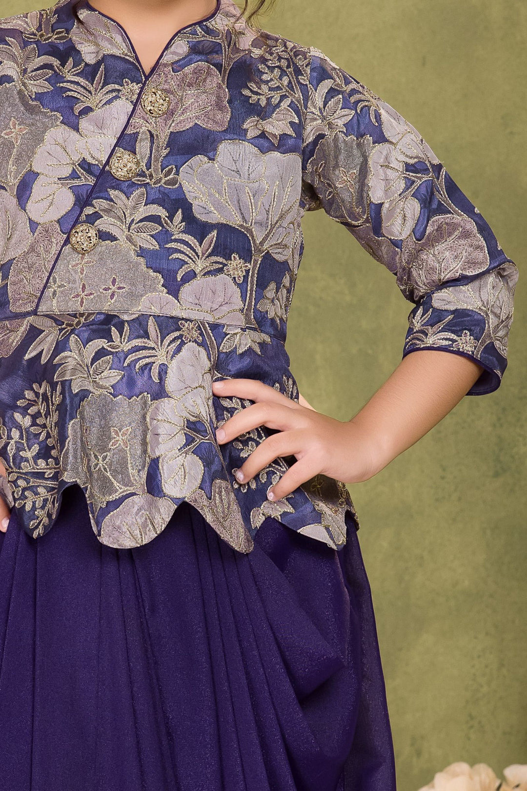 Purple Zari work with Digital Print Top with Cowl Skirt for Girls