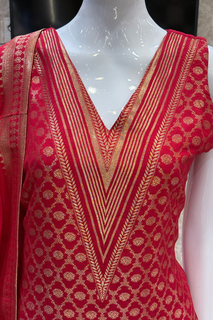 Red Banaras work V-Neck Straight Cut Salwar Suit