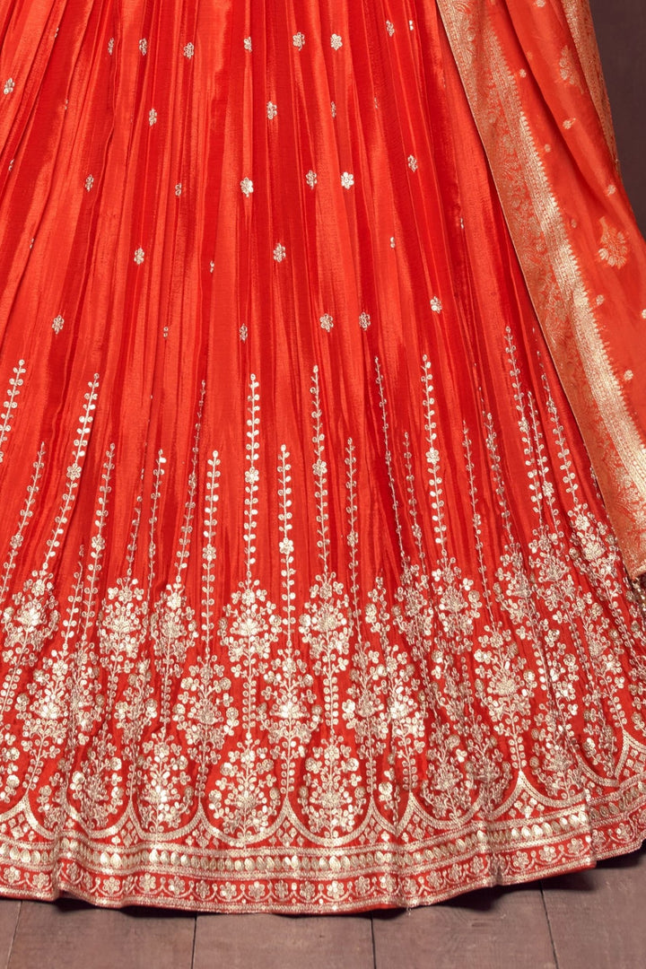 Orange Sequins, Beads, Stone and Zari work Crop Top Lehenga