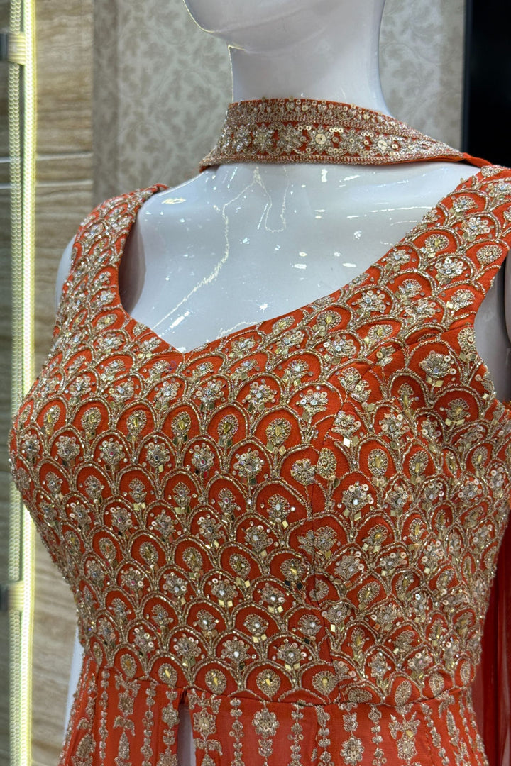 Orange Sequins, Zari, Mirror, Stone and Beads work Palazzo Salwar Suit