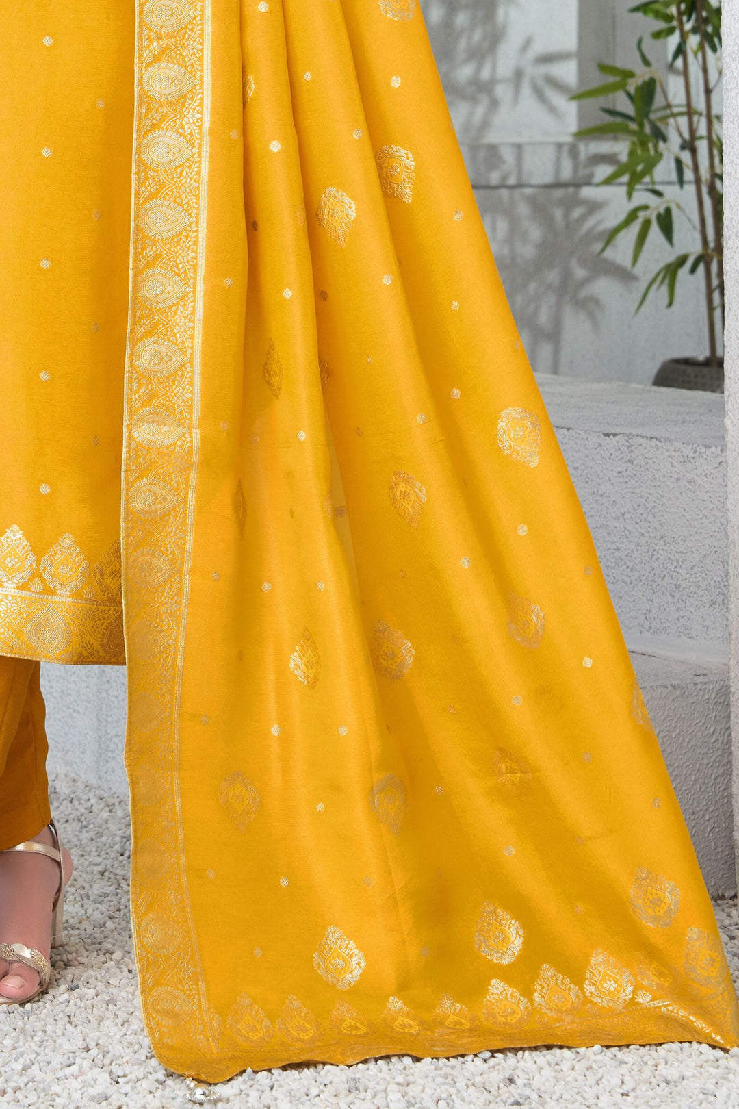 Yellow Banaras, Zari, Beads, Sequins and Thread work Straight Cut Salwar Suit