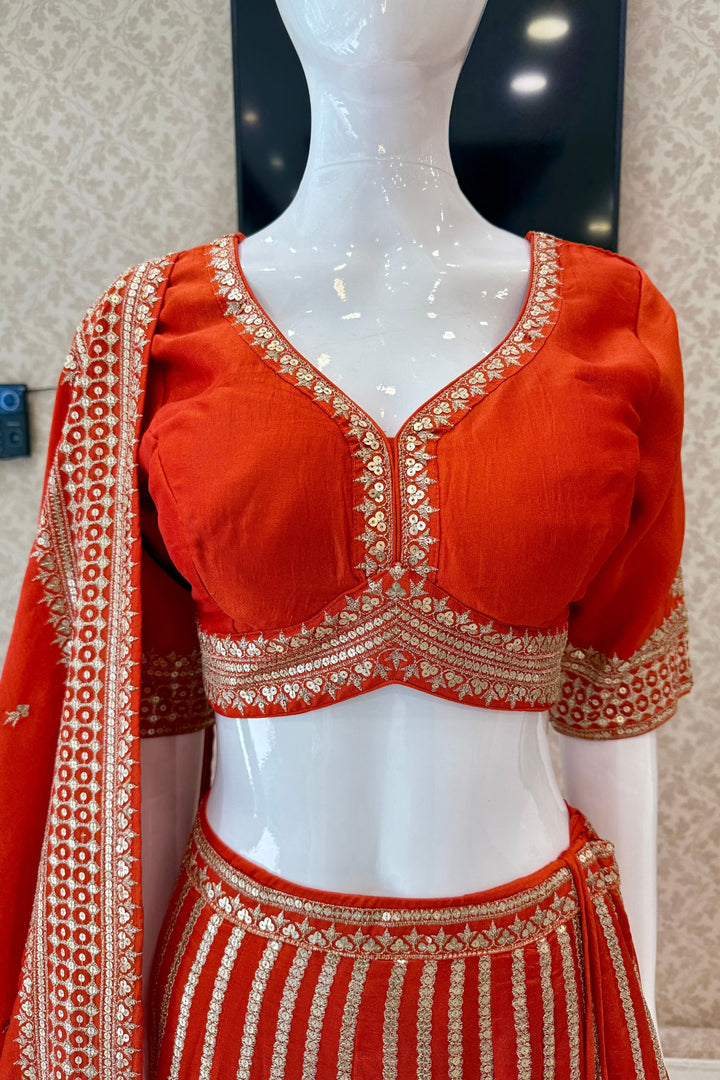 Orange Sequins and Zari work Crop Top Lehenga