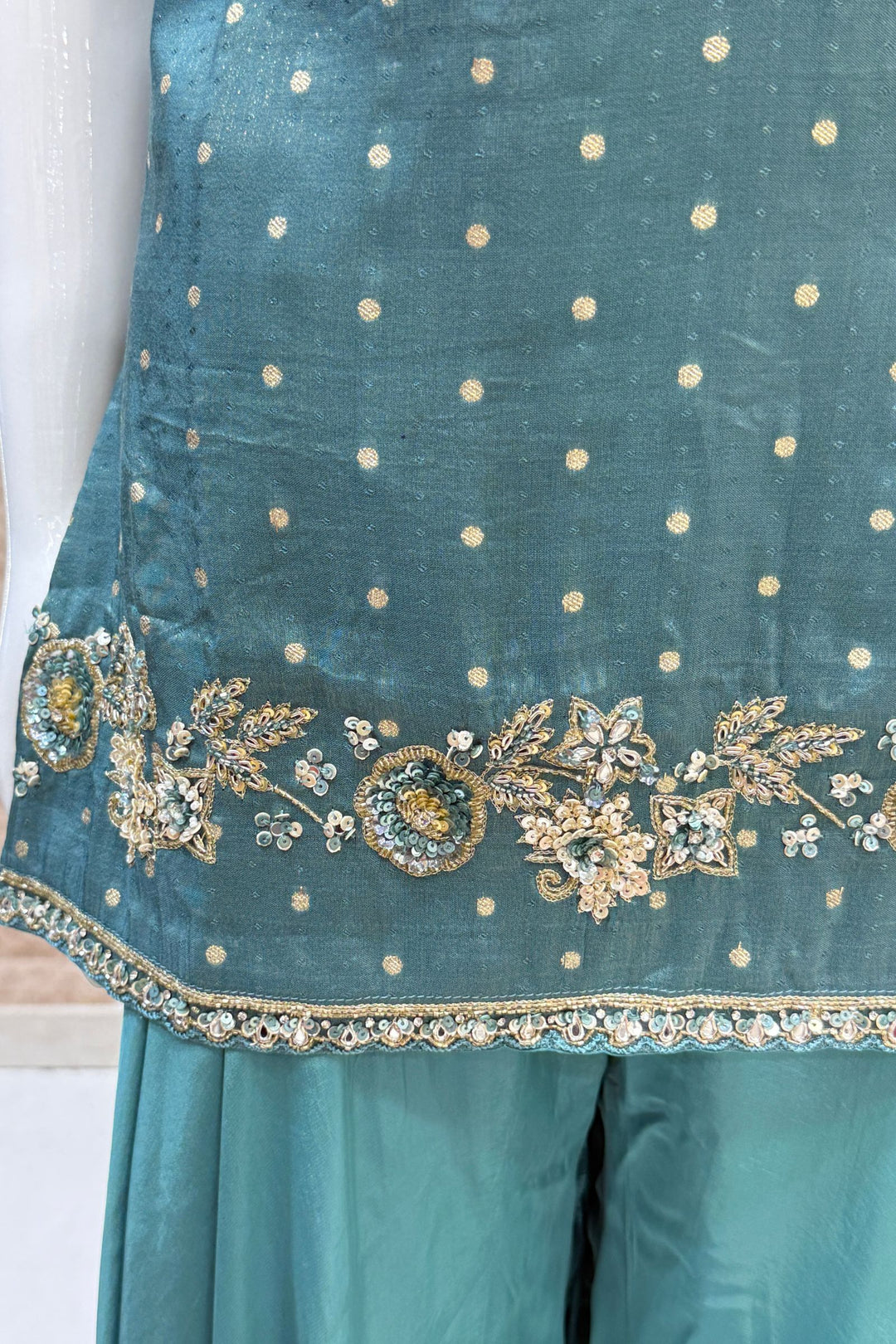 Rama Blue Banaras Zari, Beads, Sequins, Mirror, Stone and Zardozi work Palazzo Salwar Suit