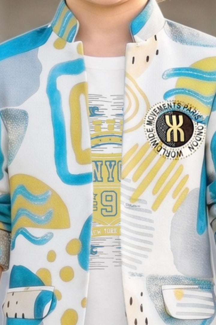 Cream Boys Printed Blazer Set with Cream T-Shirt and Navy Blue Pants