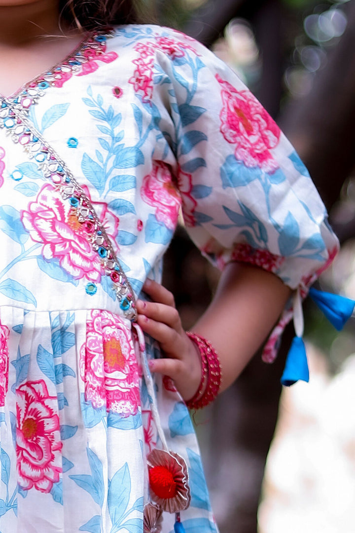 Cream Beads and Zardozi work with Floral Print Peplum Top and Sharara Set for Girls