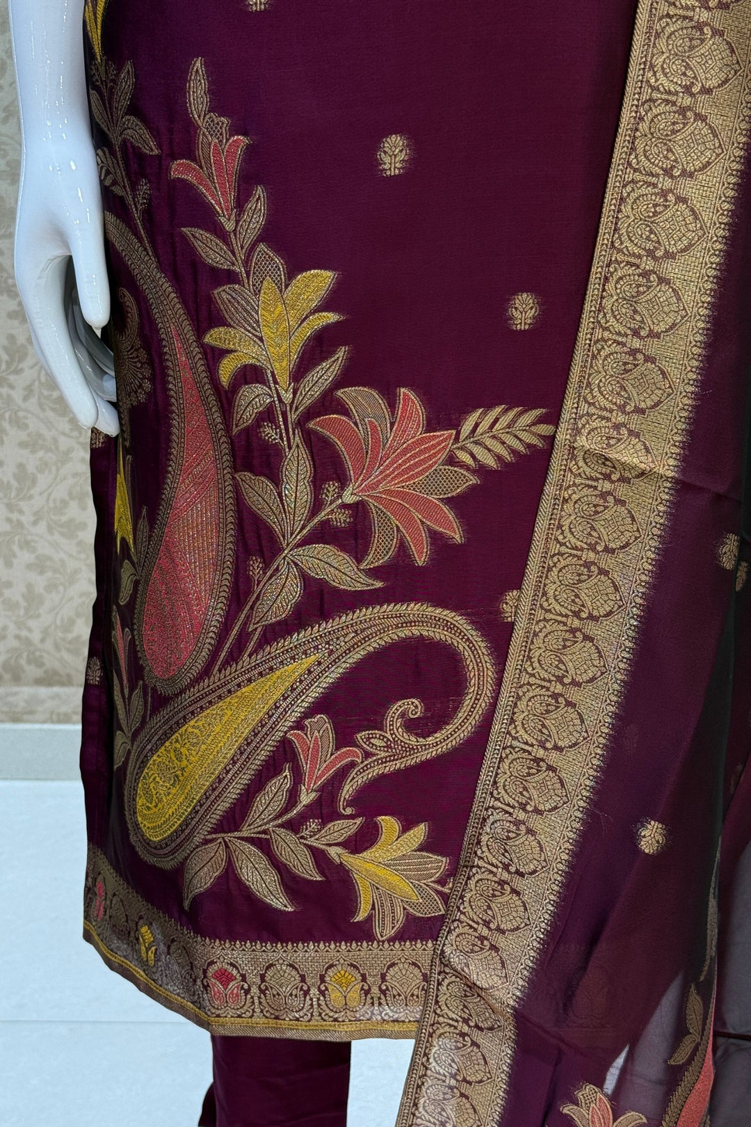 Wine Banaras, Zardozi, Beads, Zari, Stone and Mirror work Straight Cut Salwar Suit