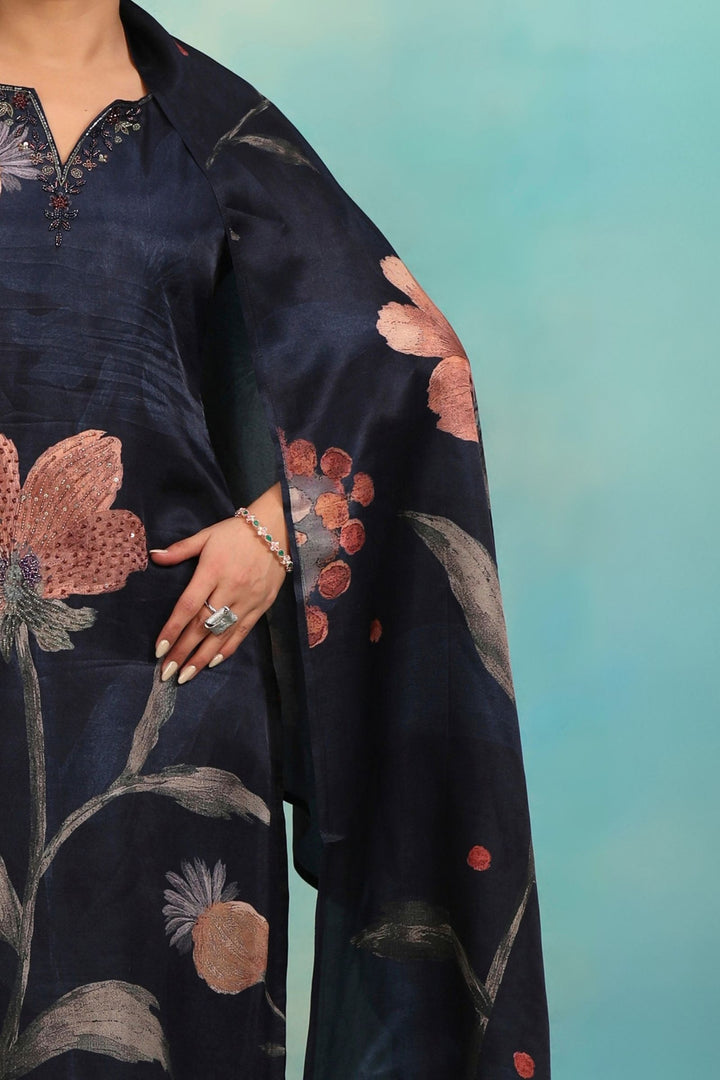 Navy Blue with Floral Print, Sequins and Beads work Straight Cut Salwar Suit