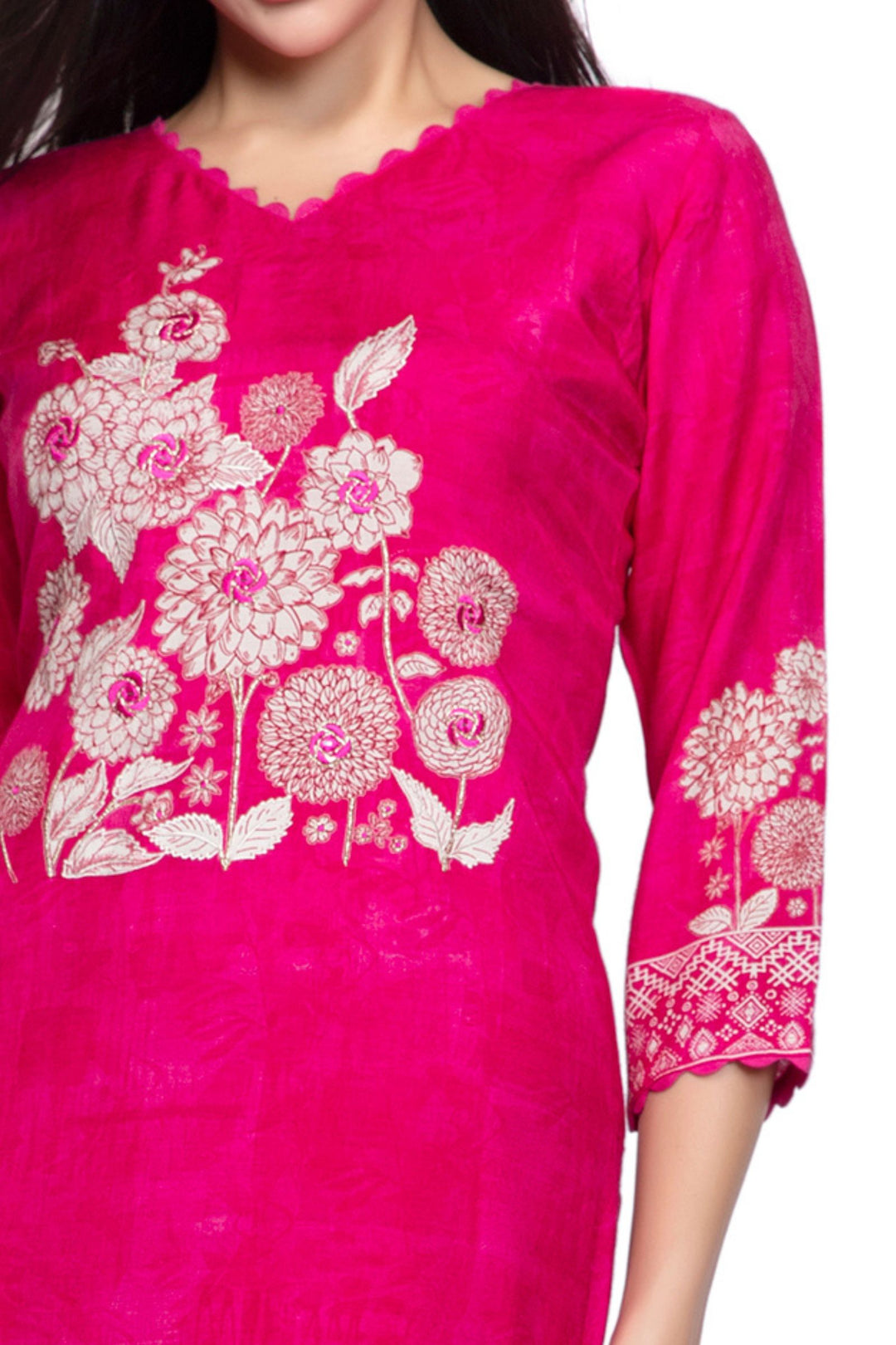 Rani Pink Emrboidery, Zari and Mirror work with Floral Print Calf Length Kurti