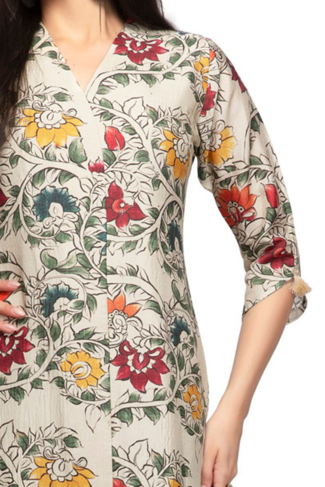 Cream Stone work with Floral Print Calf Length Kurti