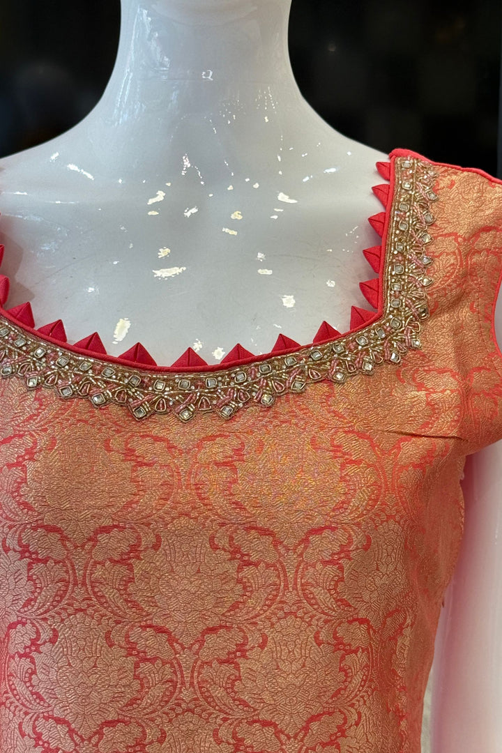Peach Beads, Mirror, Stone, Banaras and Brocade work Straight Cut Salwar Suit