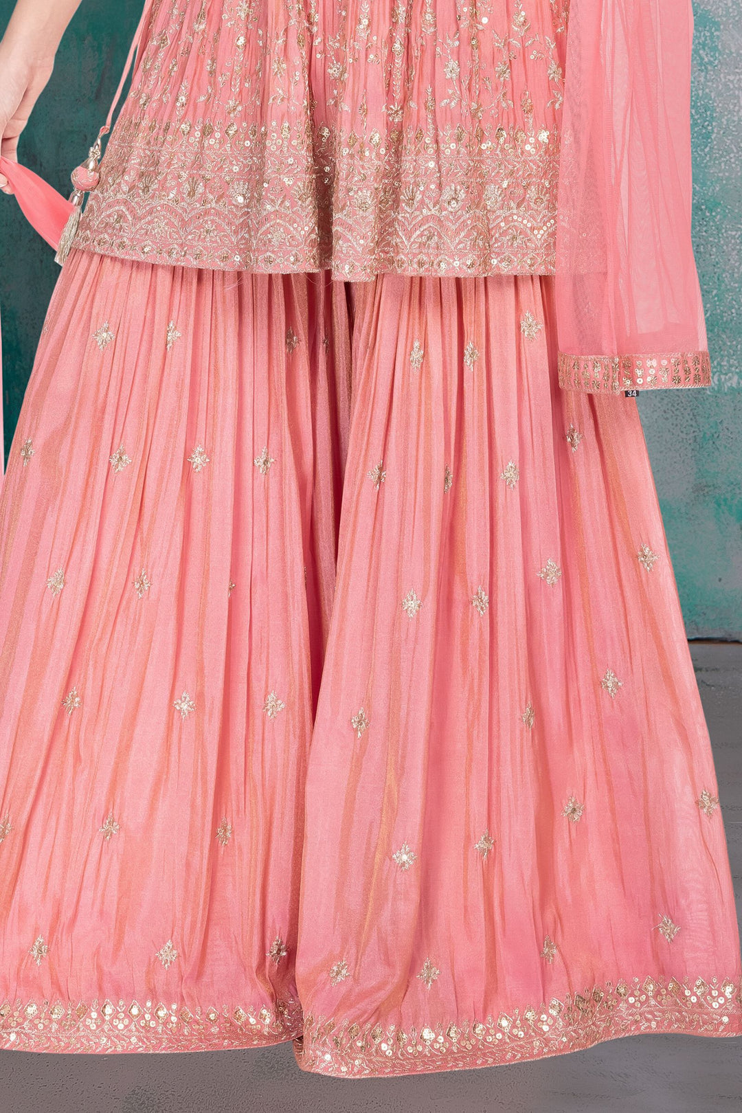 Peach Sequins, Zari, Beads, Stone and Mirror work Peplum Top and Sharara Set for Girls