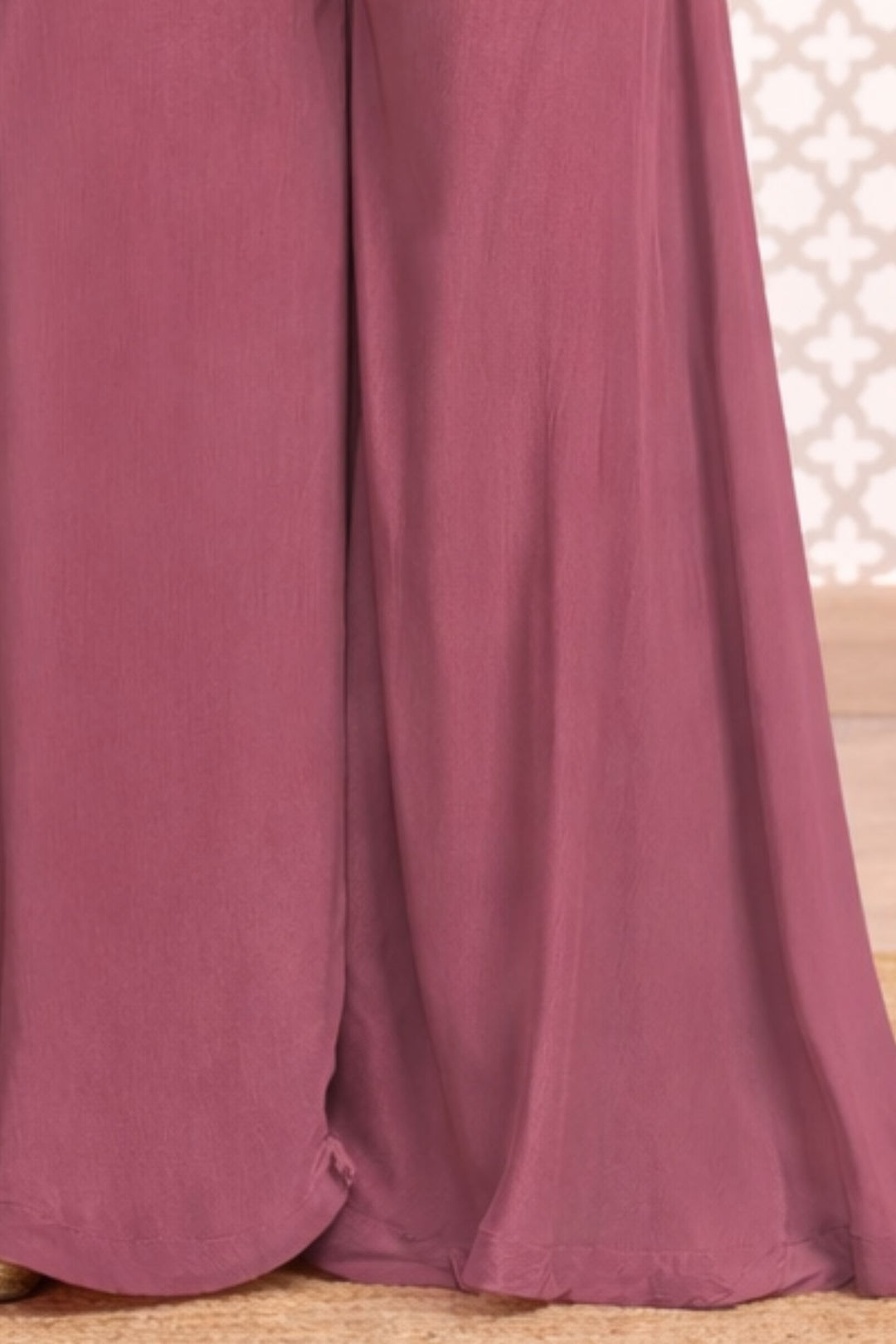 Onion Pink Zari, Sequins, Beads and Mirror work with Floral Print Palazzo Suit Set