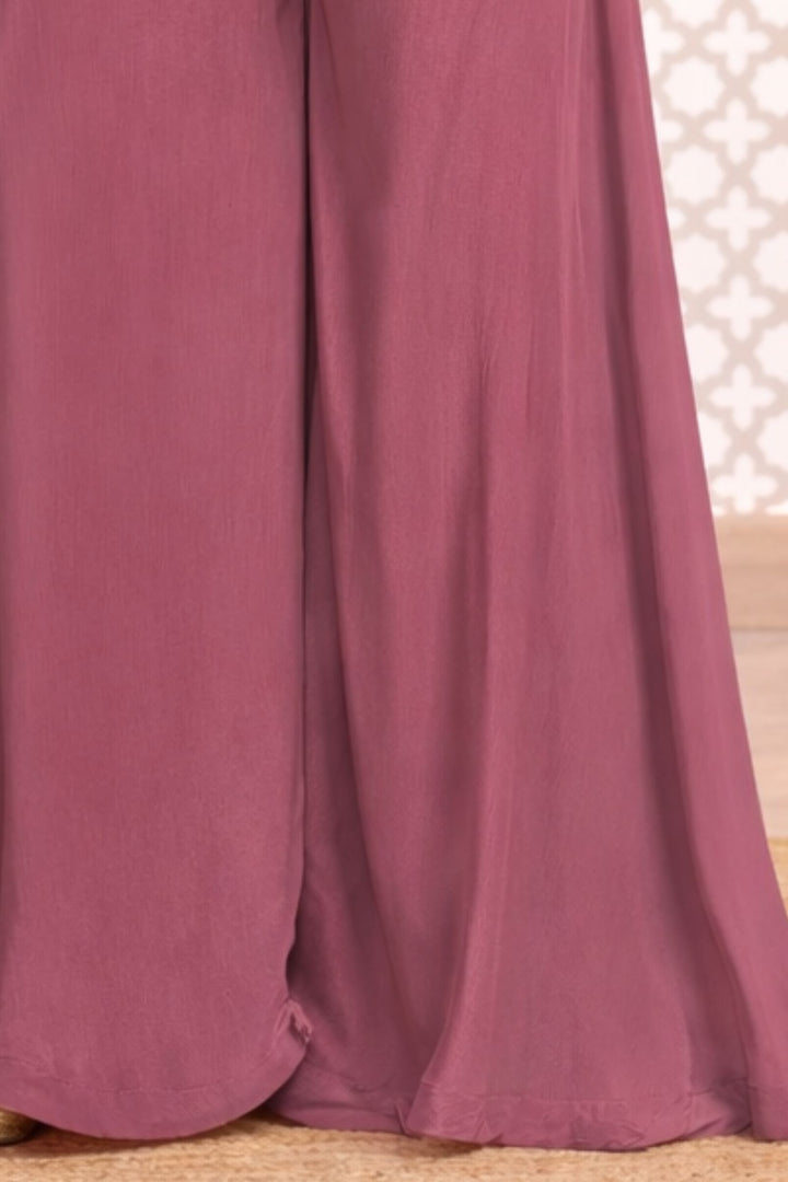 Onion Pink Zari, Sequins, Beads and Mirror work with Floral Print Palazzo Suit Set