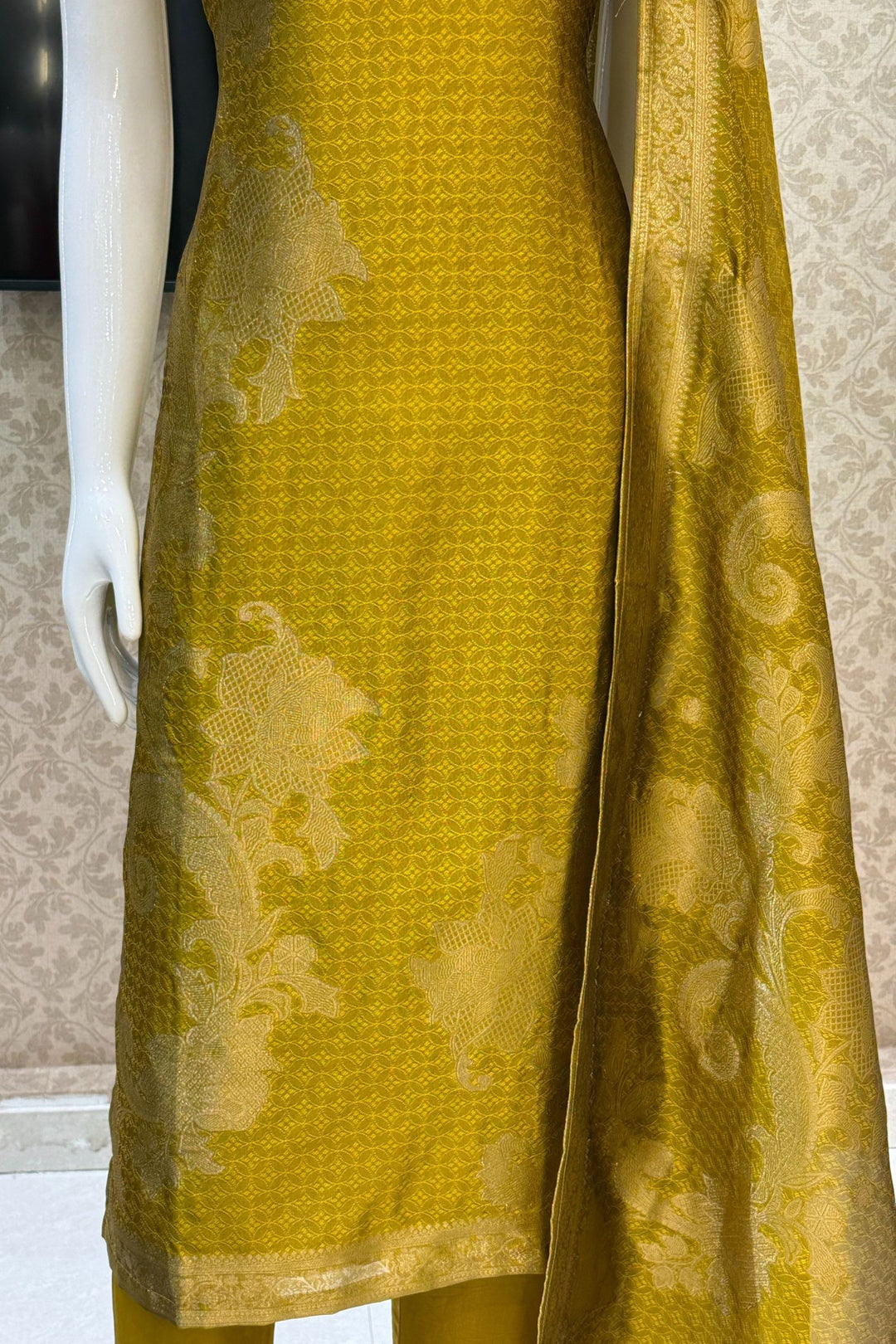 Olive Green Banaras, Stone, Zardozi, Beads and Zari work Straight Cut Salwar Suit
