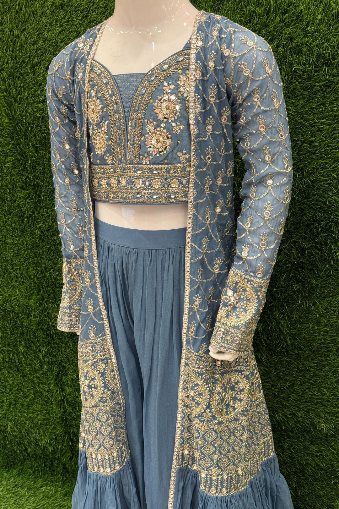 Grey Sequins, Mirror, Zari and Stone work Overcoat Styled Palazzo Set For Girls