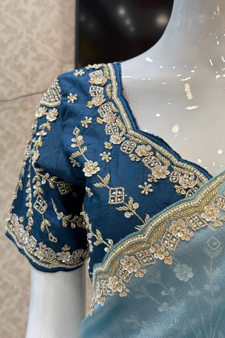 Firozi Blue Beads, Sequins, Zari and Pearls work Saree
