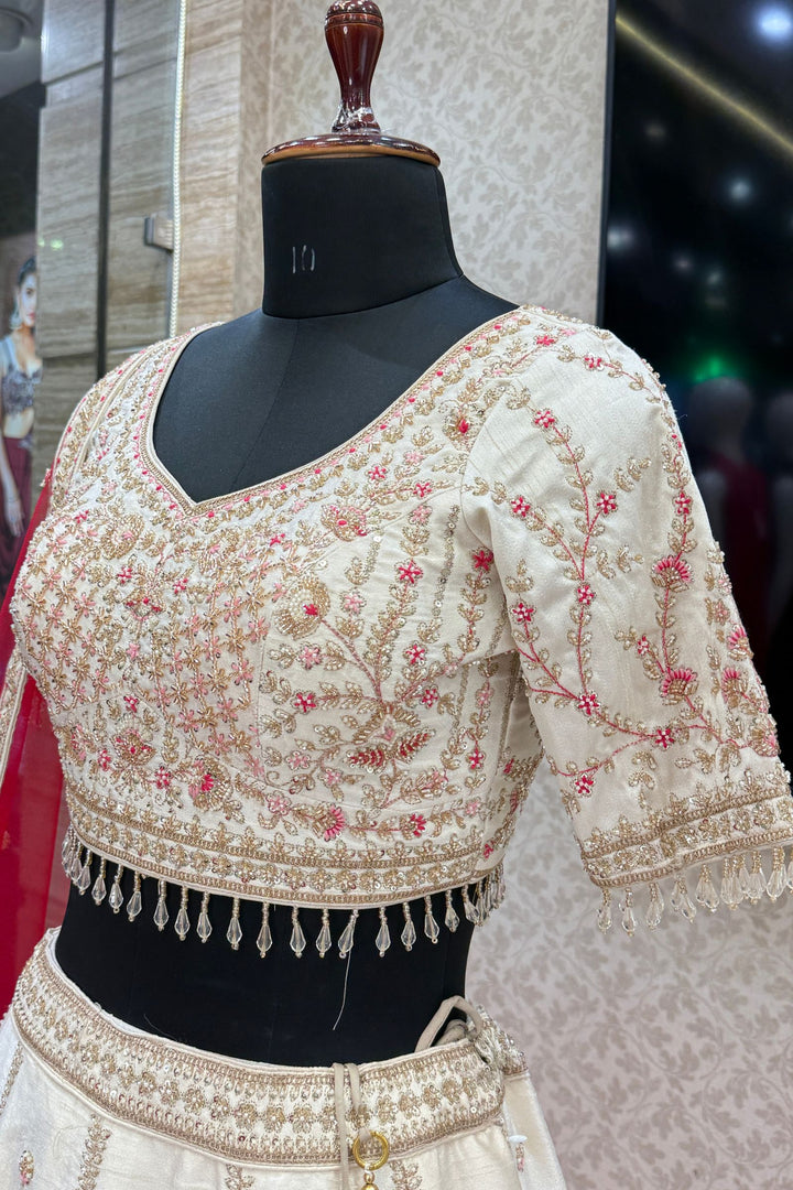 Designer Wedding Lehenga in Cream with Beads, Zari, Sequins and Thread Work
