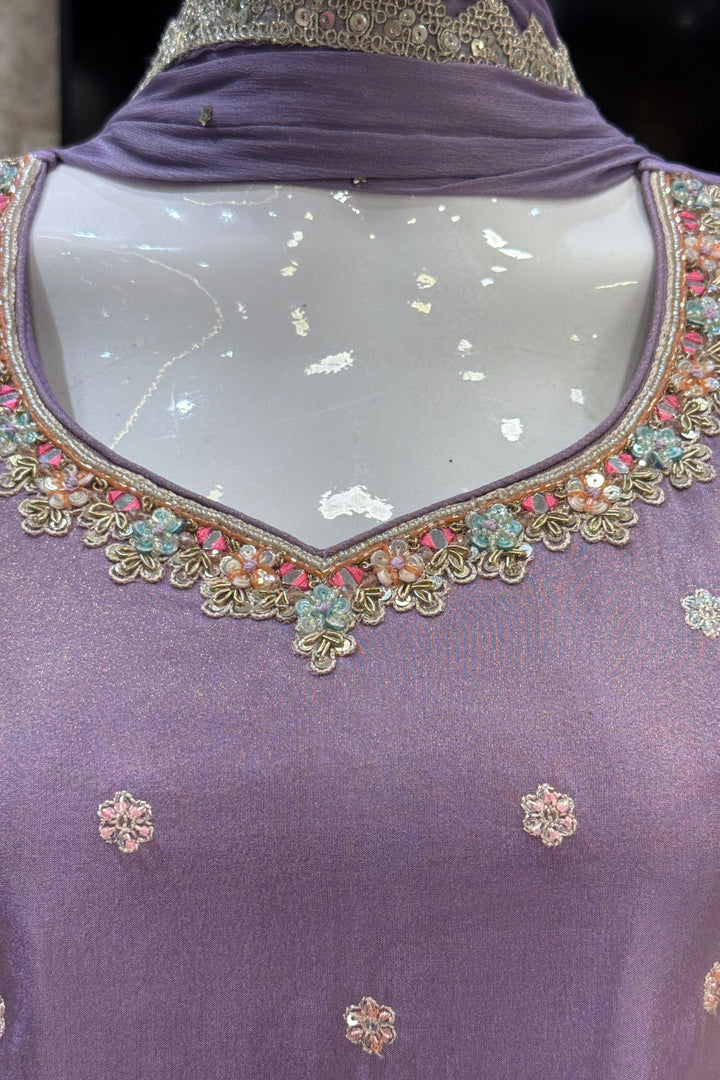 Lavender Thread, Beads, Sequins, Zardozi and Mirror work Palazzo Salwar Suit