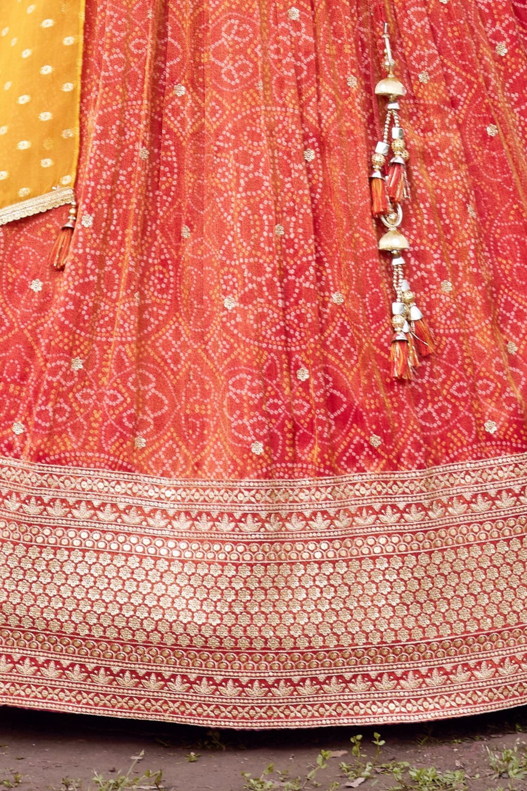Maroon Zari, Zardozi, Stone and Beads work with Bandini Print Lehenga Choli for Girls