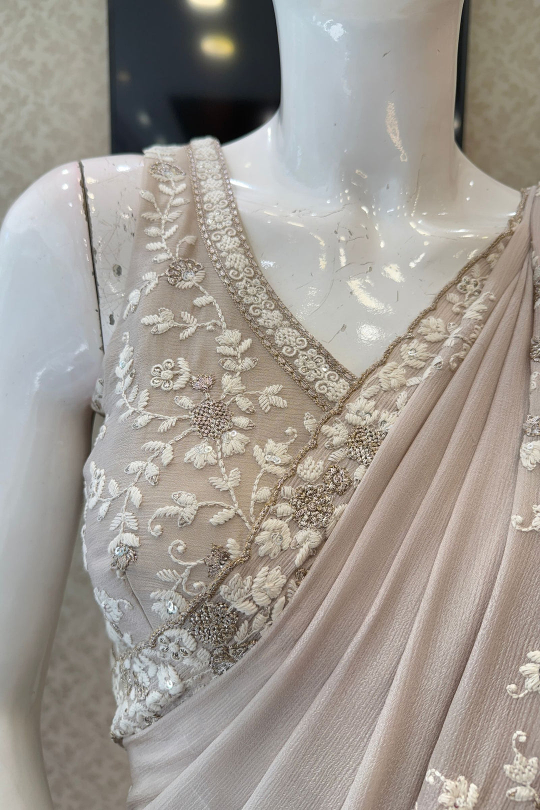 Beige Thread, Zari and Sequins work Saree