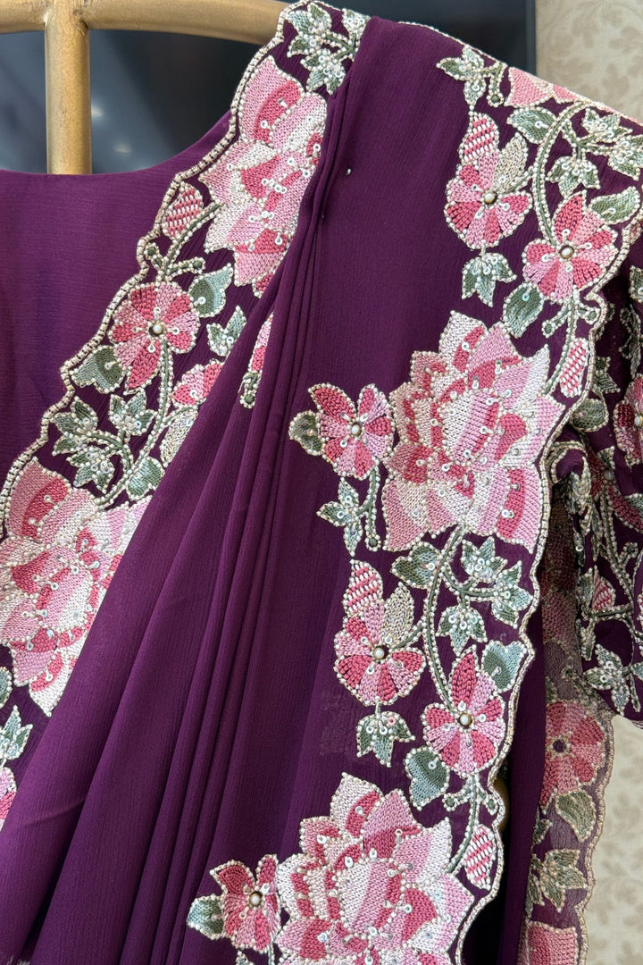 Wine Saree with Exquisite Floral Thread, Sequin and Bead Embellishments