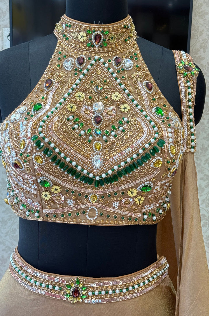 Gold Beads, Zardozi, Stone, Sequins and Pearl work with Halter Neck Crop Top Lehenga