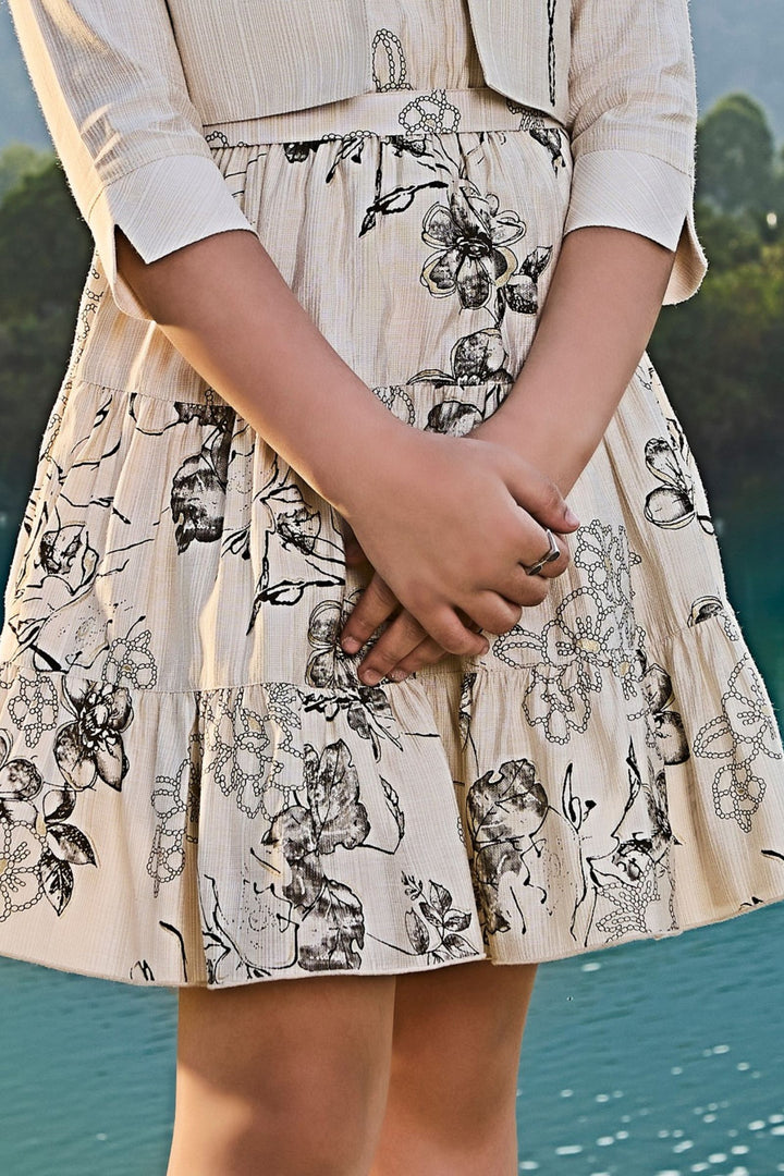 Cream with Digital Print Jacket Styled Short Frock For Girls