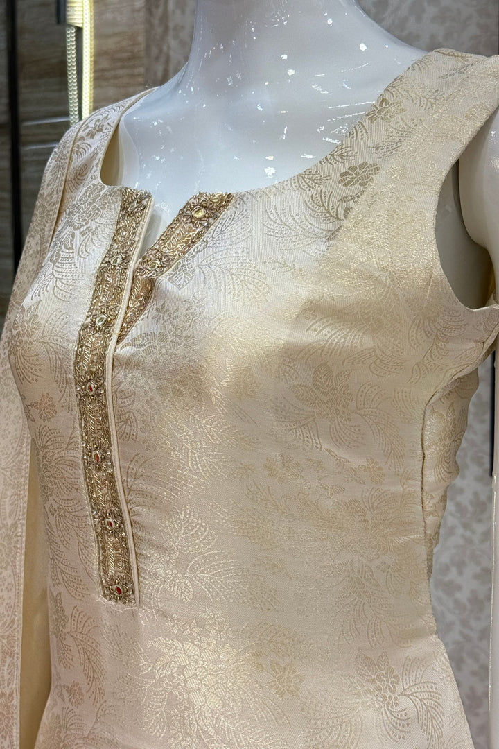 Cream Brocade, Beads, Sequins, Zardozi and Mirror work Straight Cut Salwar Suit