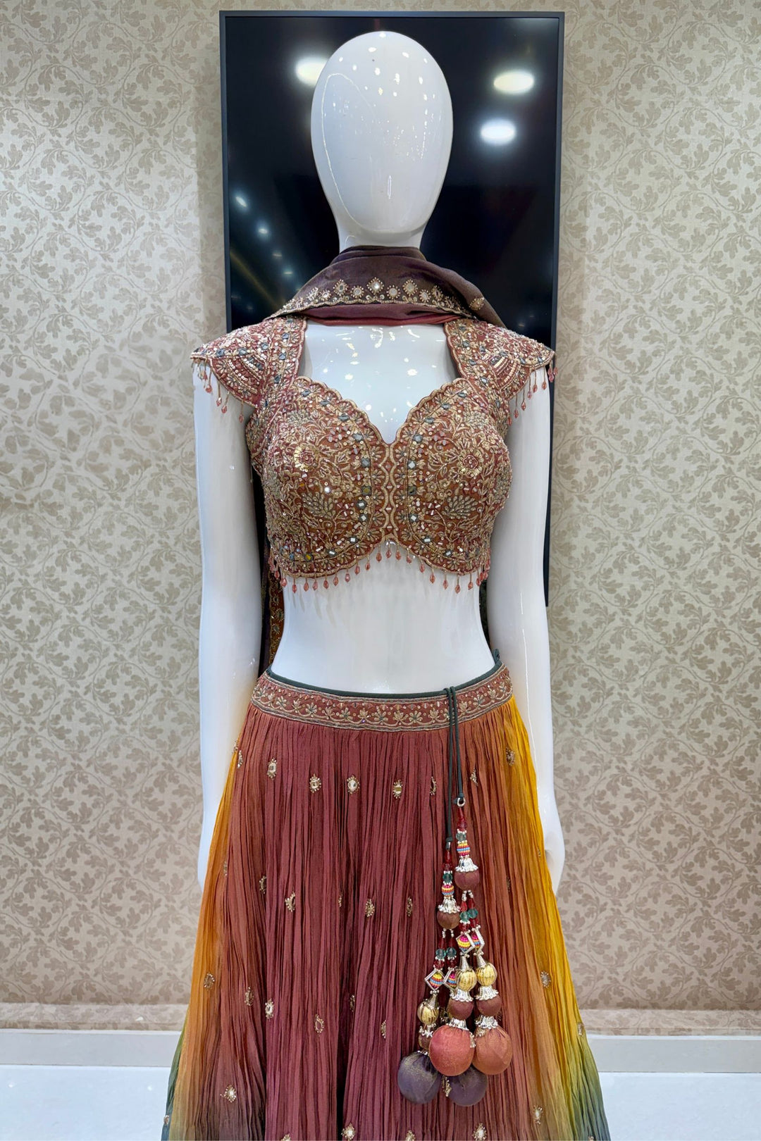 Designer Lehenga with Intricate Mirror, Stone, Sequins, Zari and Beads work
