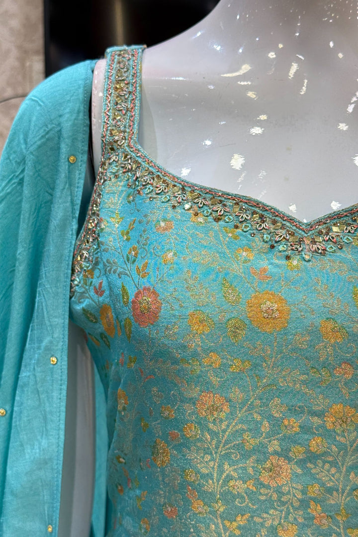 Sea Green Mirror, Zardozi, Stone, Beads and Brocade work Straight Cut Salwar Suit