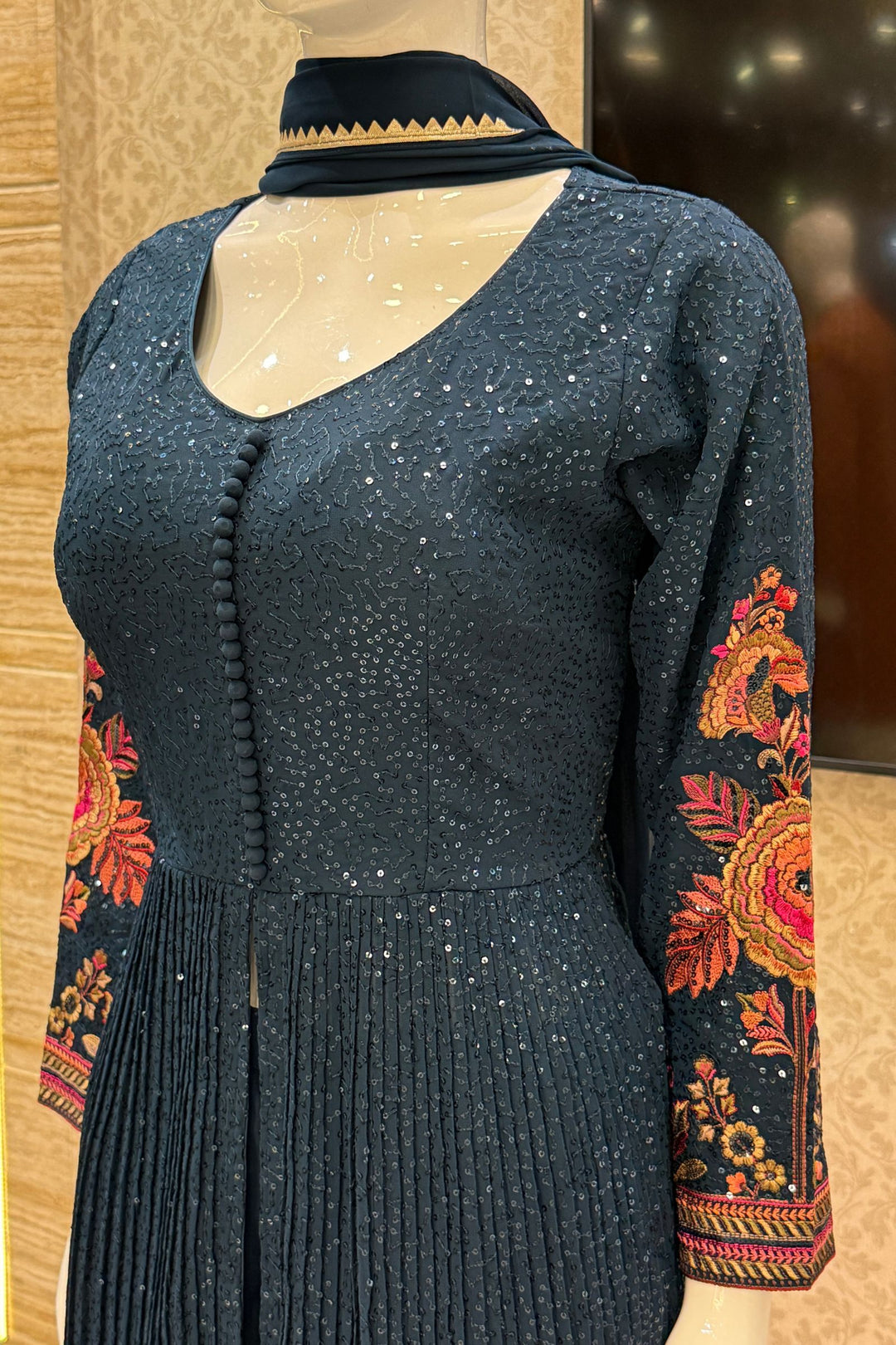 Peacock Blue Sequins and Multicolor Embroidery work Palazzo Salwar Suit