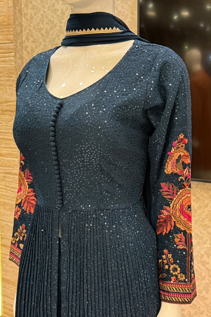 Peacock Blue Sequins and Multicolor Embroidery work Palazzo Salwar Suit