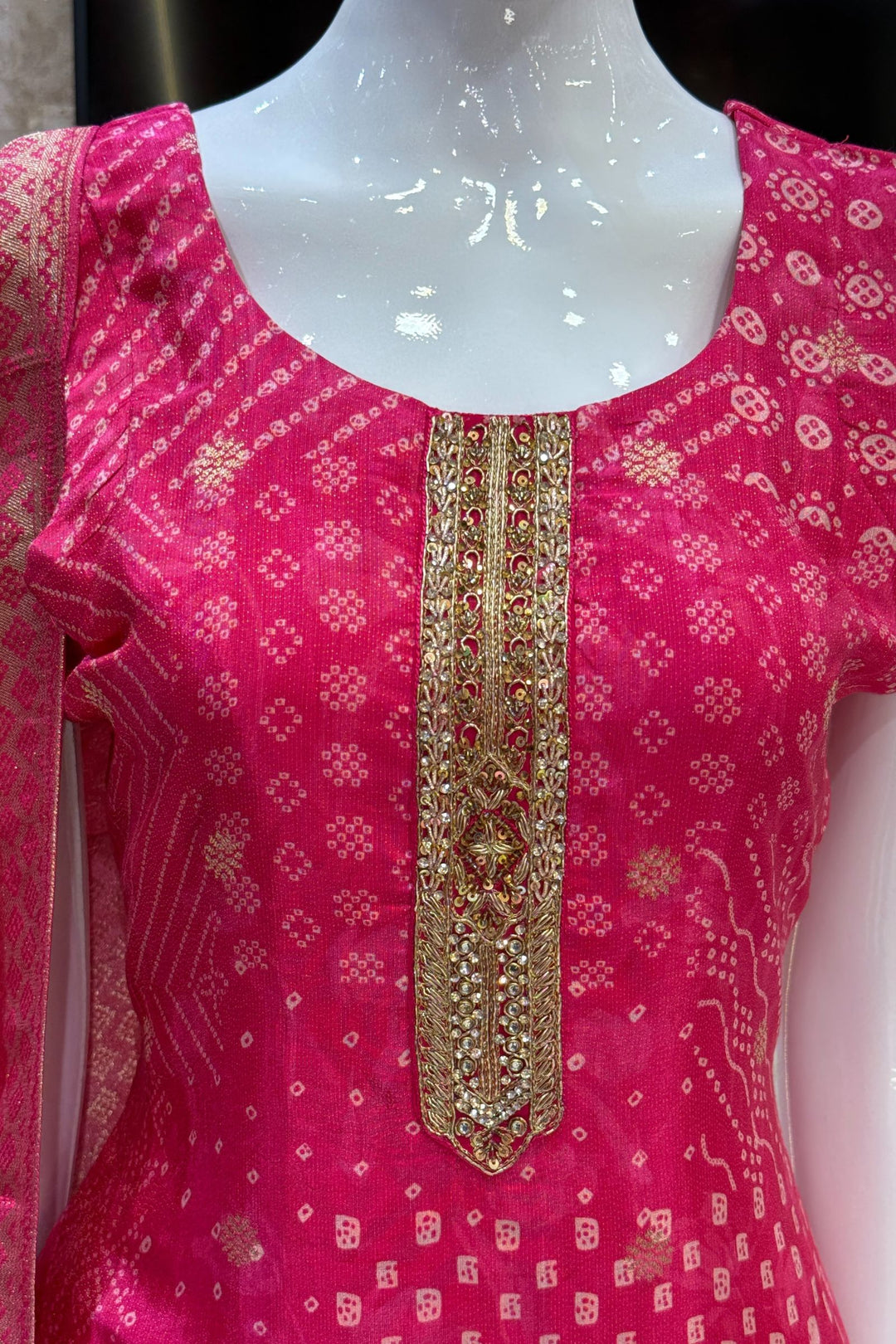 Rani Pink Banaras and Zari Weaving work with Bandini Print Straight Cut Salwar Suit