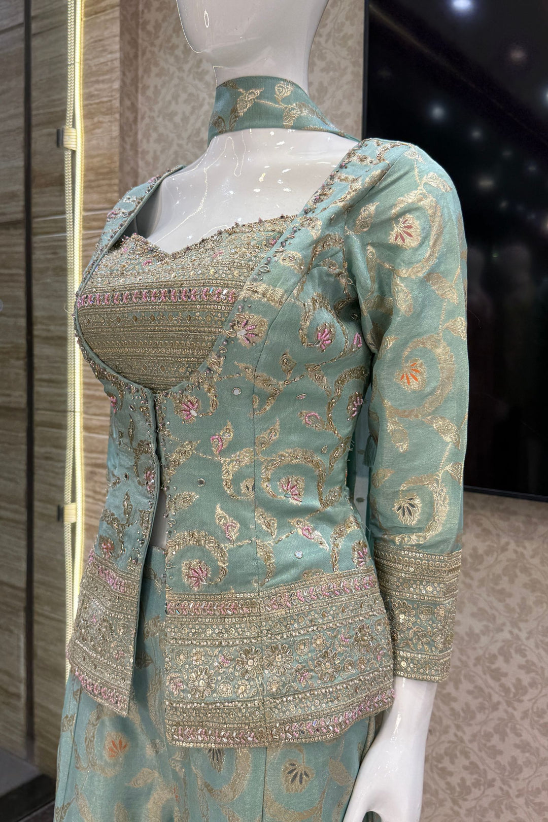 Sea Green Palazzo Set with Beads, Sequins and Zari work with Choker Dupatta