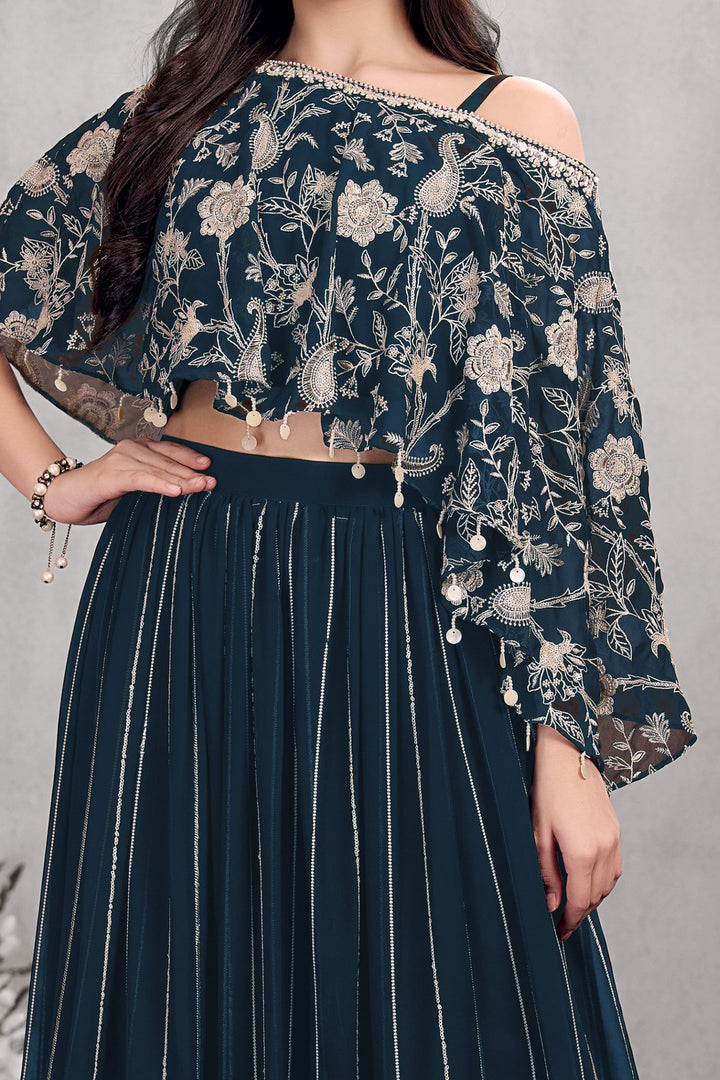 Dark Blue Sequins, Thread and Beads work Kaftan Styled Palazzo Set For Girls