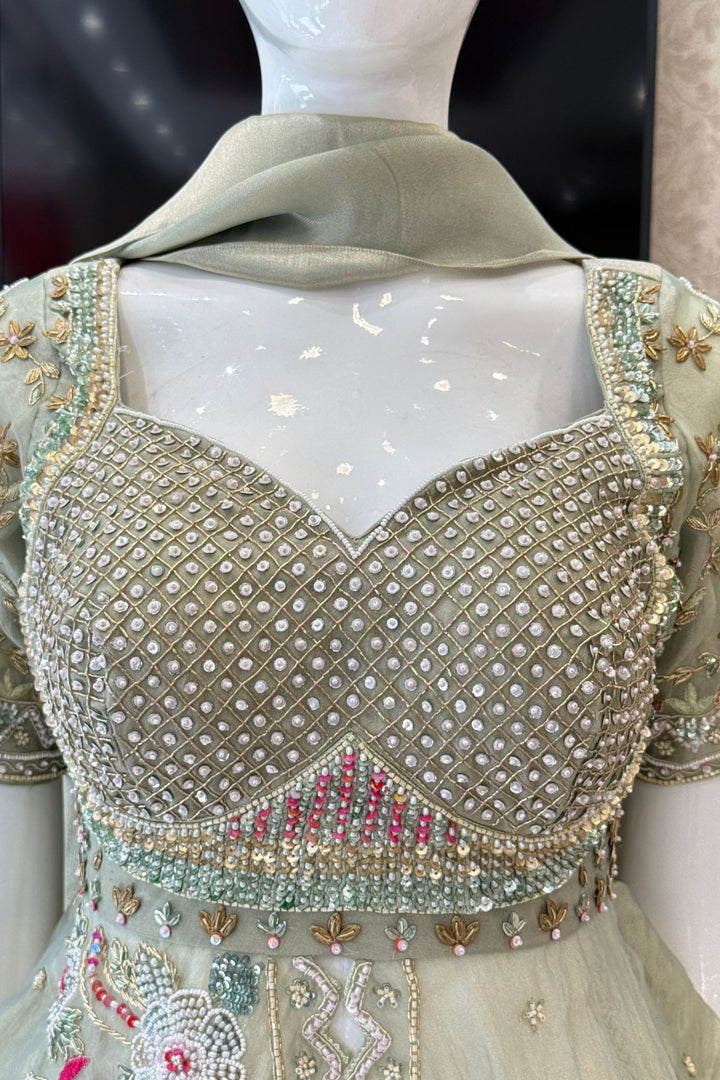 Sea Green Beads, Zardozi, Sequins and Multicolor Thread work Peplum Style Lehenga