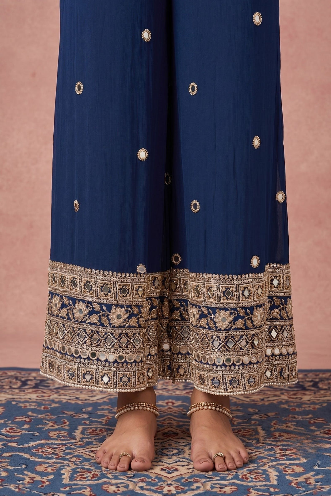 Teal Blue Mirror, Beads, Sequins and Zari work Palazzo Salwar Suit