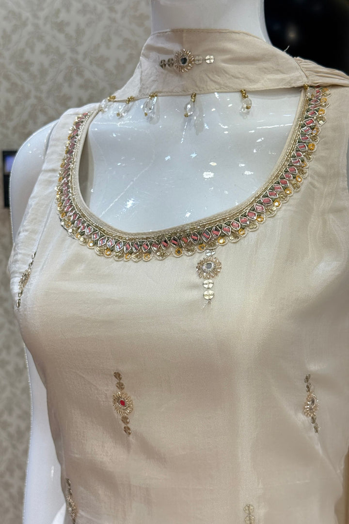 Cream Zari, Sequins, Beads and Mirror work with Floral Print Palazzo Salwar Suit