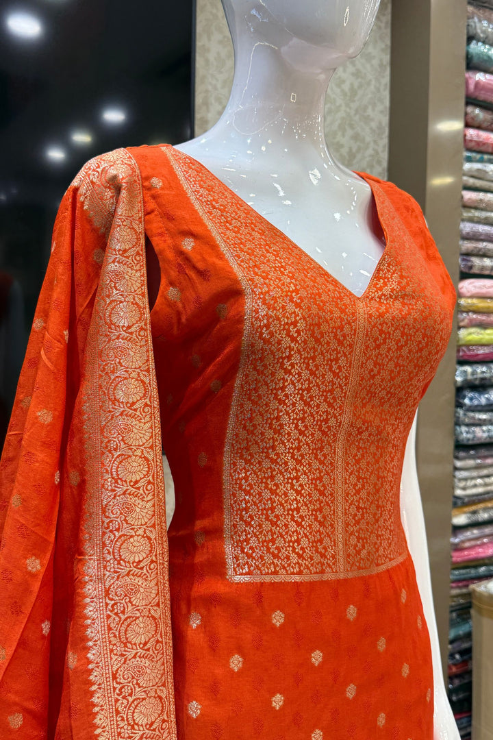 Orange Banaras work V-Neck Straight Cut Salwar Suit