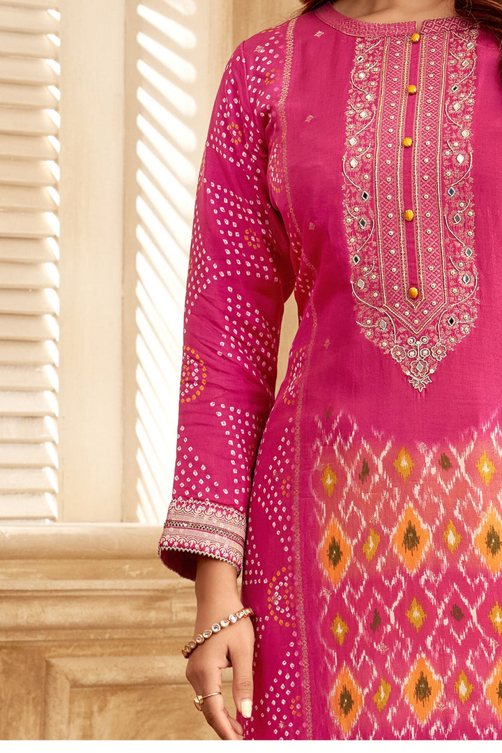 Rani Pink Banaras, Mirror and Zardozi work with Bandini Print Straight Cut Salwar Suit