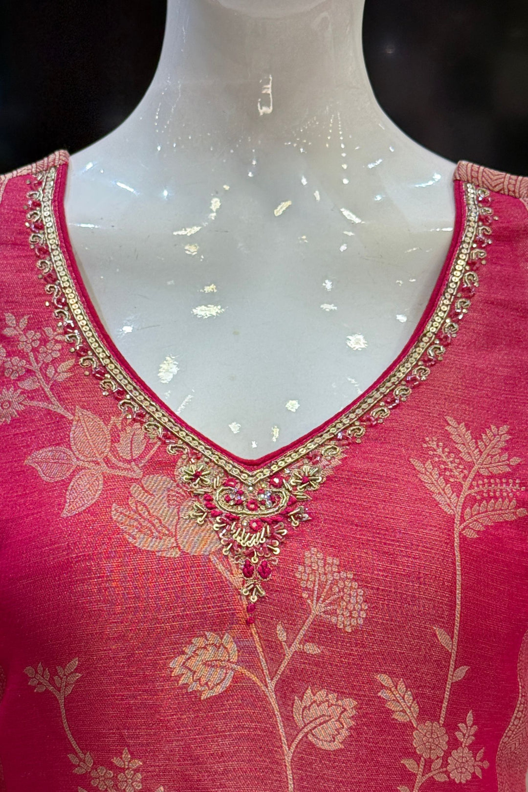 Rani Pink Brocade, Zardozi, Beads, Thread, Stone and Zari work Straight Cut Salwar Suit